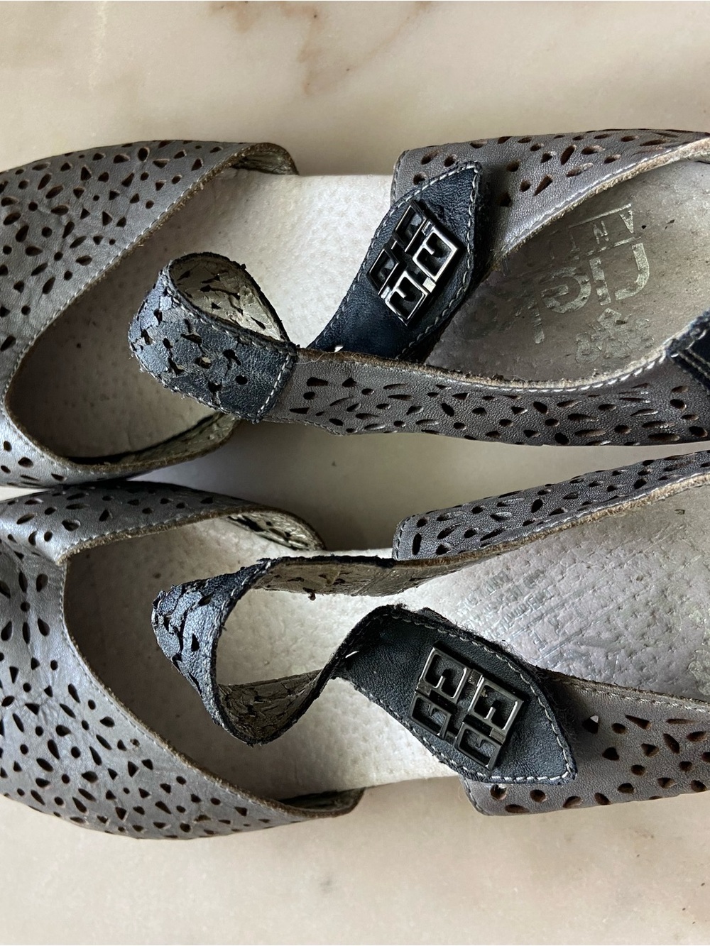 Rieker Perforated Slingback Flats in Gray with Black Accents